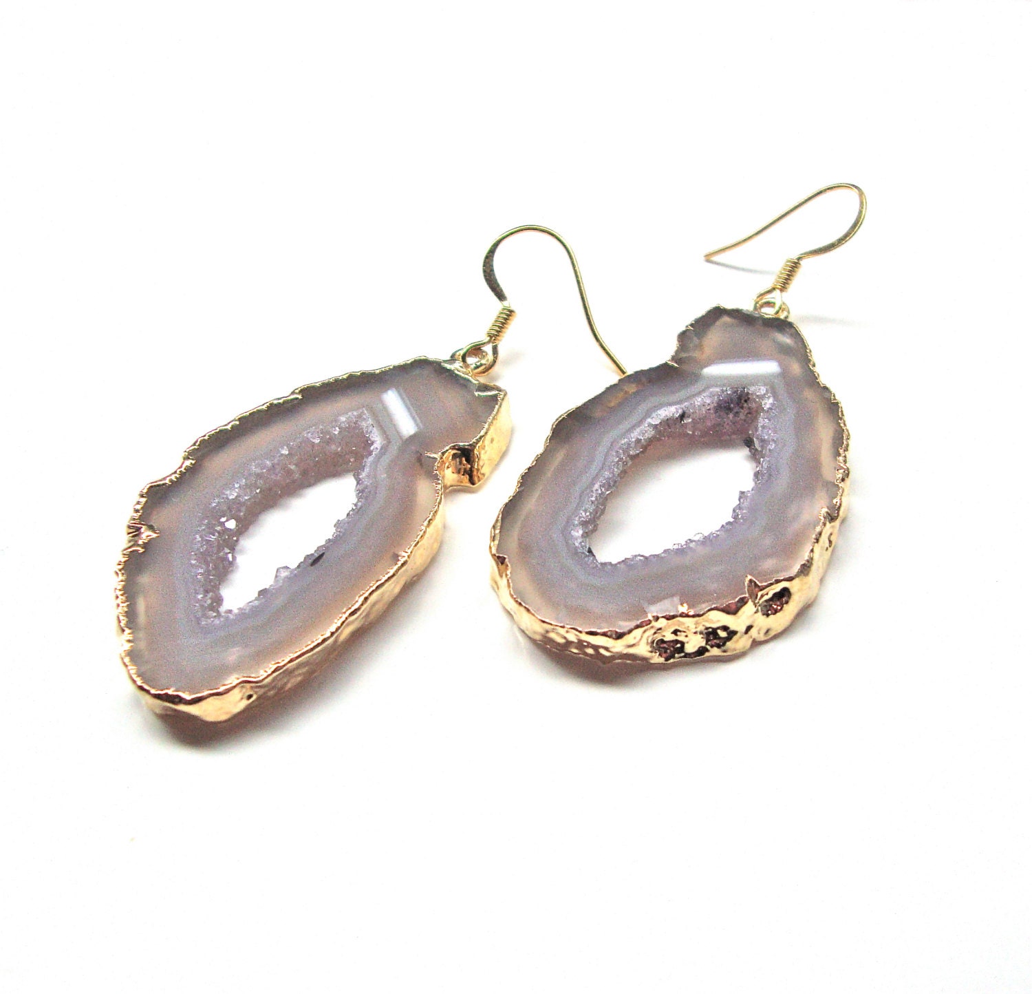 Gold plated agate slice earrings agate jewelry agate