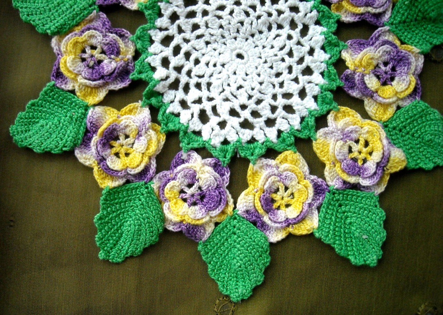 Vintage Crocheted Doily Lovely Flowers with Leaves Purple