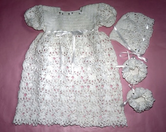 White Christening Gown, Bonnet and or Booties with Ribbon and Roses Detail