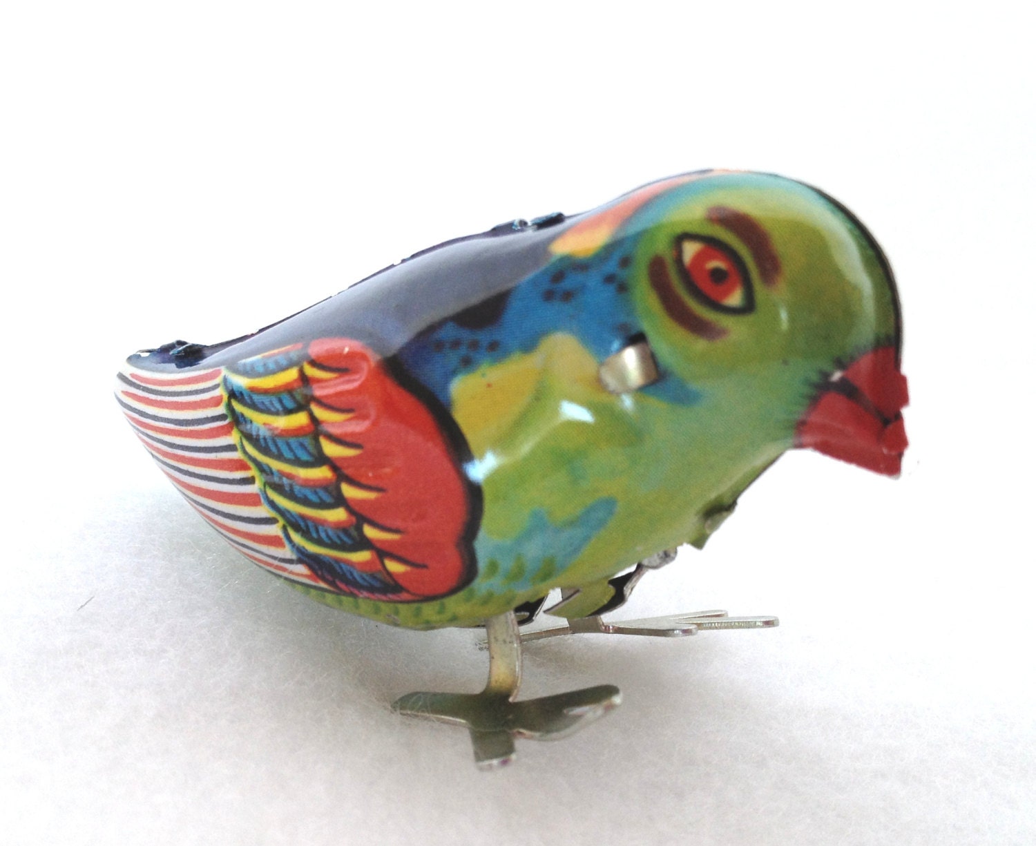 Tin Blue Bird Windup Toy Pecking Bird In Box with Key Works