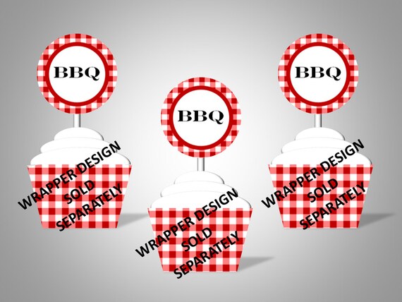 BBQ Red Gingham Cupcake Toppers - Cook Out - Picnic - BBQ - DIY Printable Party Decorations - Instant Download Il_570xn