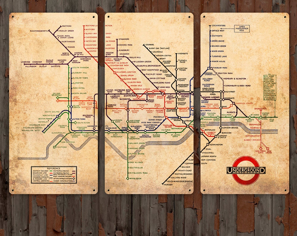 Vintage Map of London Underground on METAL Triptych 34x23