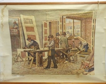 Vintage Belgian School Chart of Carpentry Workshop