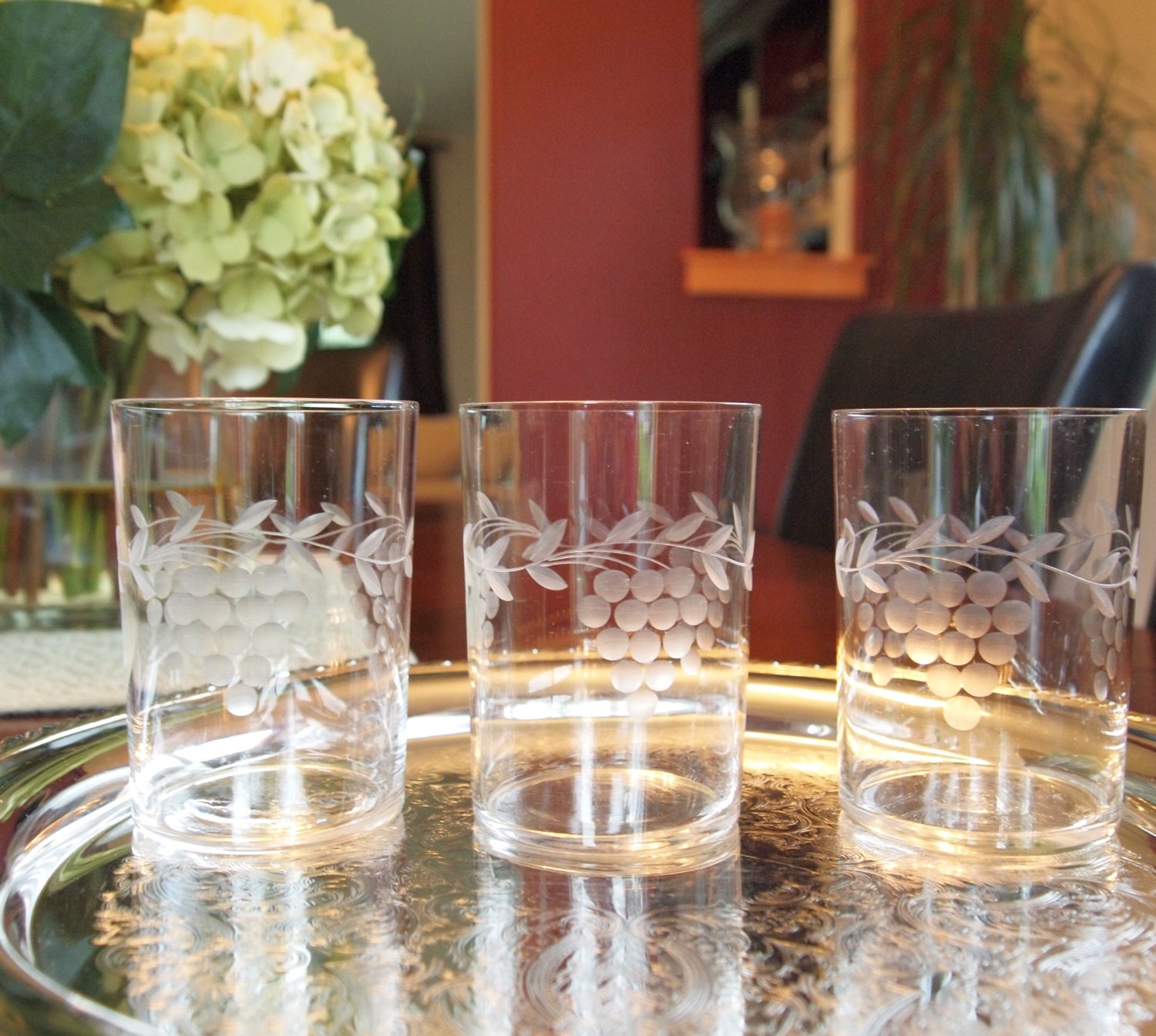 Pretty Vintage Drinking Glasses Etched with Grapes and Leaves
