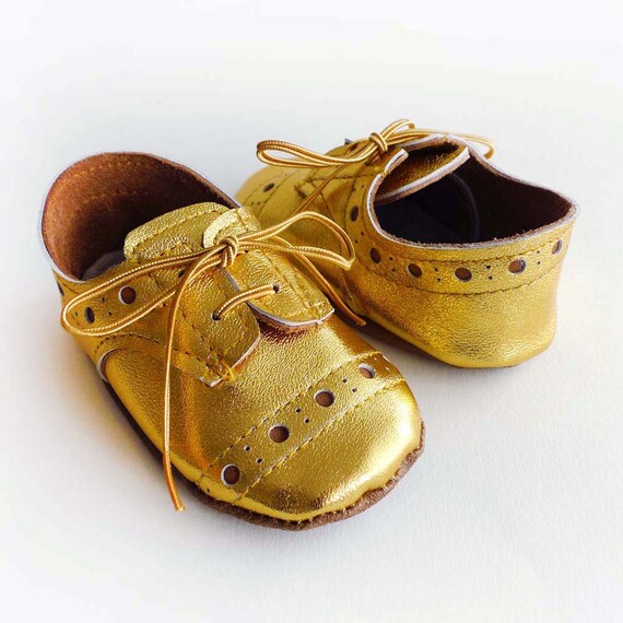 Baby Girl or Boy Shoes Gold leather Soft Sole Shoes Oxford