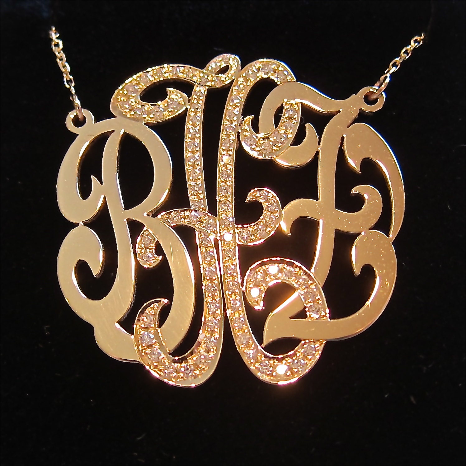 Medium 14k Gold Monogram Necklace with Diamond Middle Initial