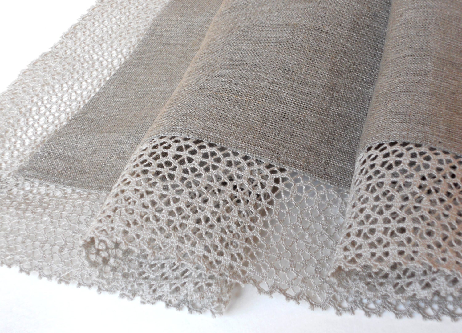 Natural gray linen tablecloth with wide linen lace pure linen