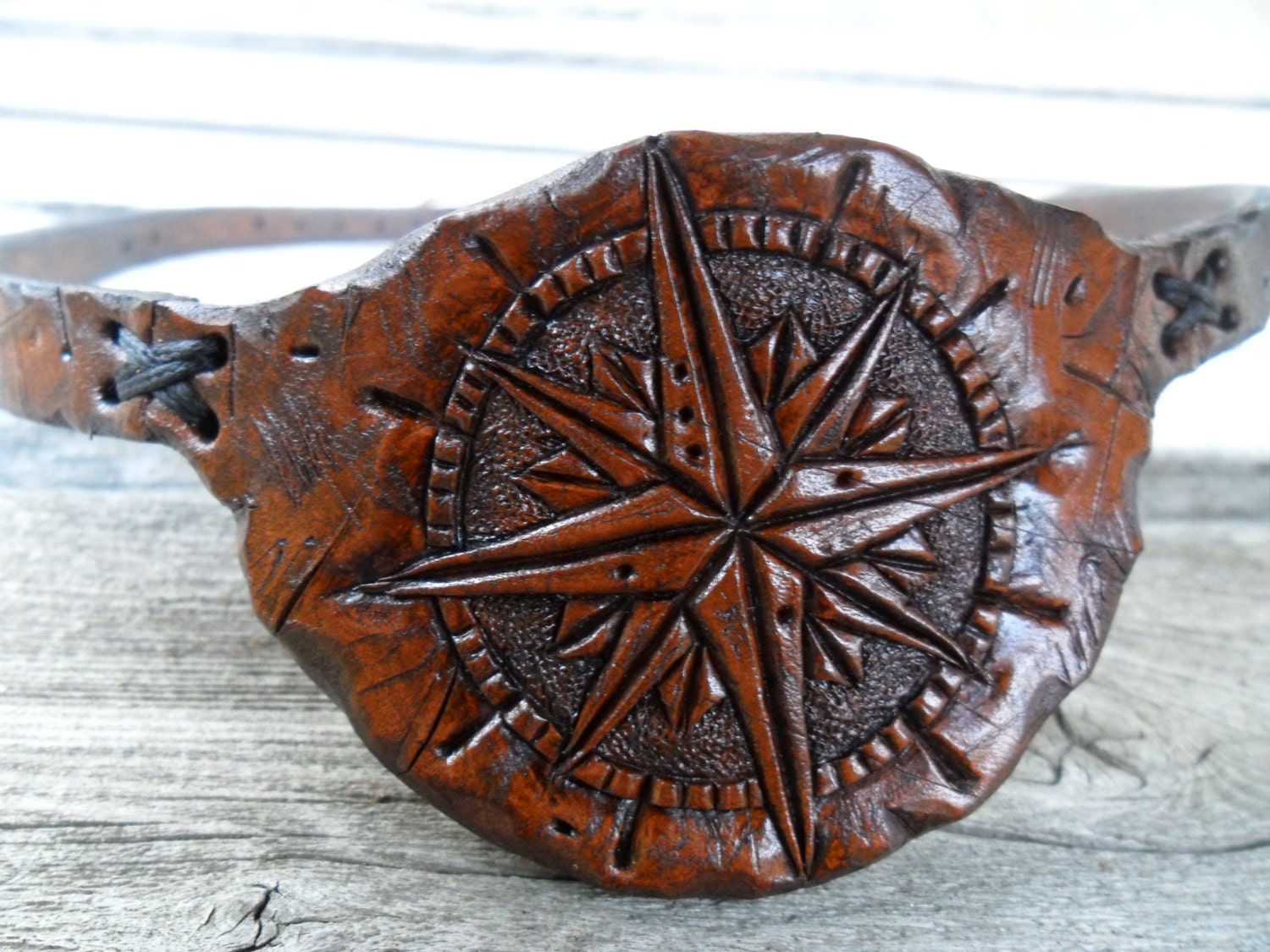 Custom Handmade Distressed Leather Eye Patch Tooled Compass