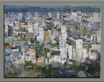 original oil painting,hand painted oil on canvas,framed,ready to hang,huge 40''x30'' palette knife painting cityscape
