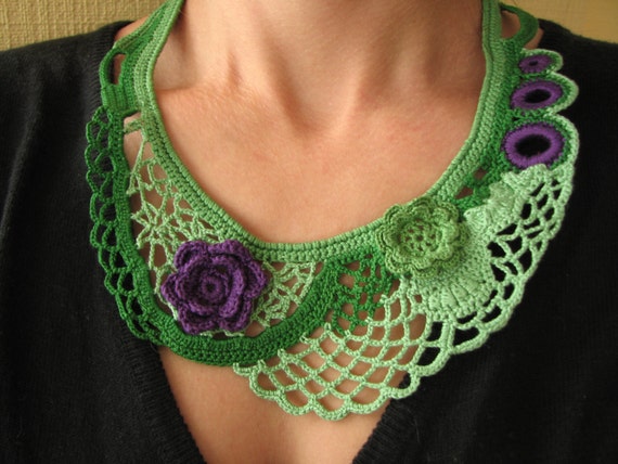 Crochet necklace green and purple Crochet freeform by SkyBlueFancy