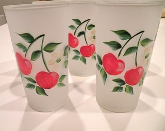 Hazel Atlas Frosted, Hand-Painted Cherry Glasses