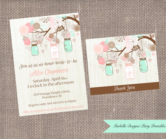 Mint/Coral Mason Jar Bridal Shower/Baby Shower/Birthday Printable 5x7" Invitation & Thank You Card by Marbella Designer Party Printables