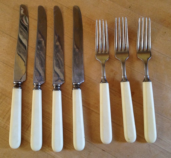 Vintage Stainless Universal Butter Knives/Forks Faux Ivory