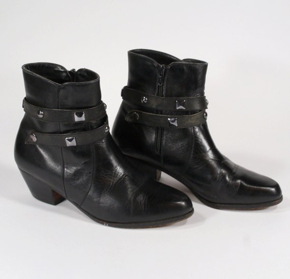 80s Mens Black Leather Ankle Boots / Beatle Boots / Rocker