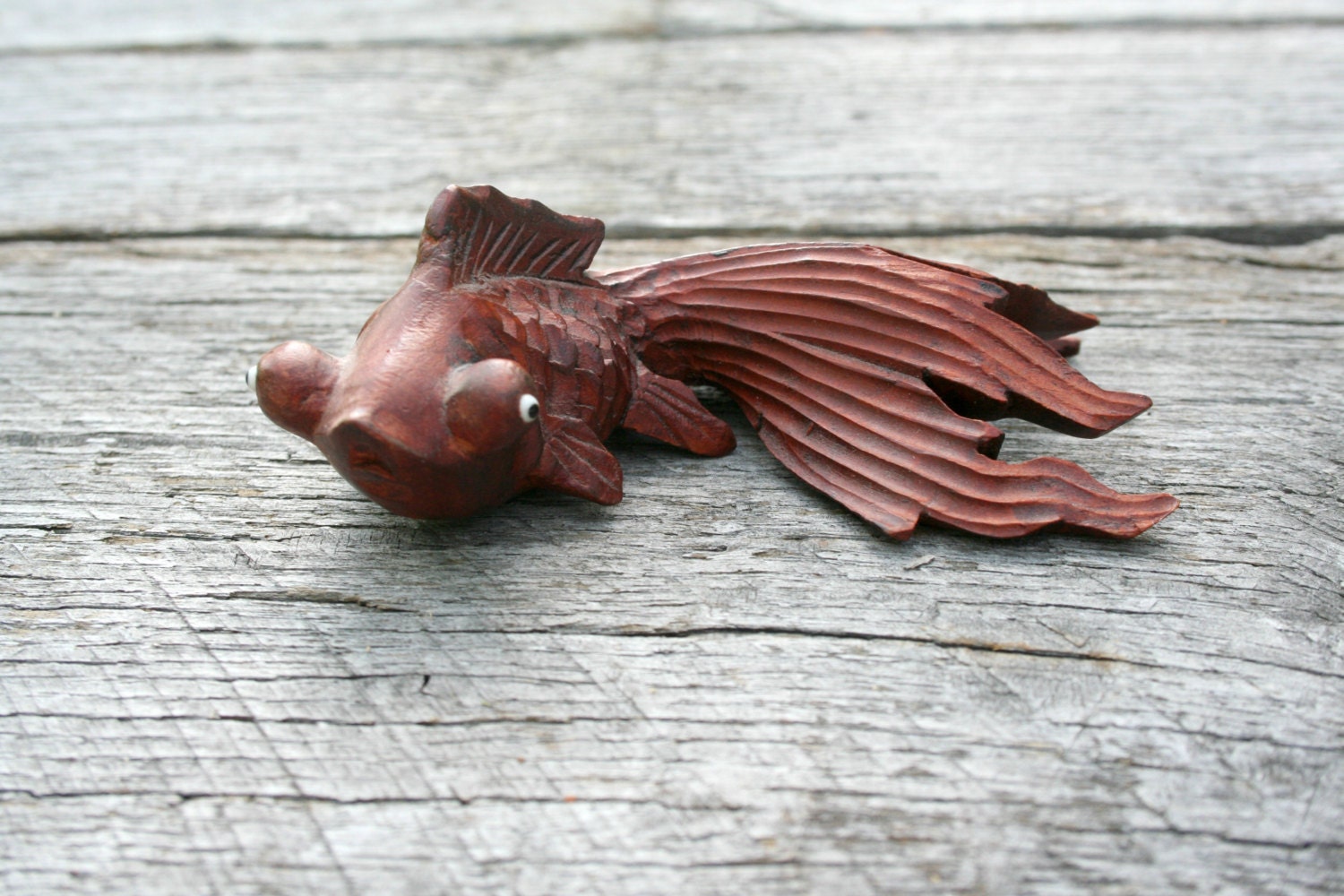 Carved Wooden Goldfish with Glass Eyes Hand Carved Good Luck