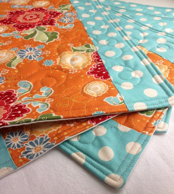 Placemats Quilted Orange Blue Polka Dot Flutter By Coolspool