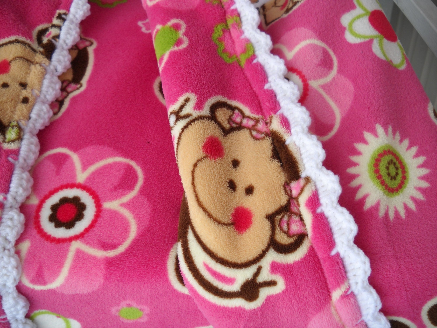 Pink Monkey Caddle Fleece Blanket with Crochet Border Pink