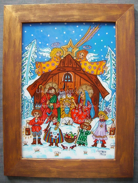 Folk art nativity painting Nativity scene by UnderAngelWings