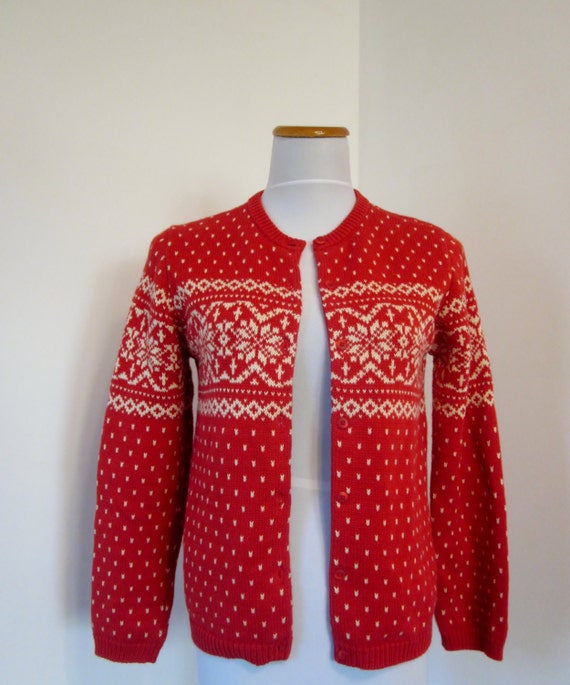 Vintage Red White Nordic Cardigan Sweater by GroovyGirlGarb