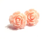 Peach Rose Earrings - 20mm Resin Cabochons, Silver Plated Stud Backs, Light Pink, Cream, Shabby Chic, Pastel, Spring, Bridesmaid Jewelry