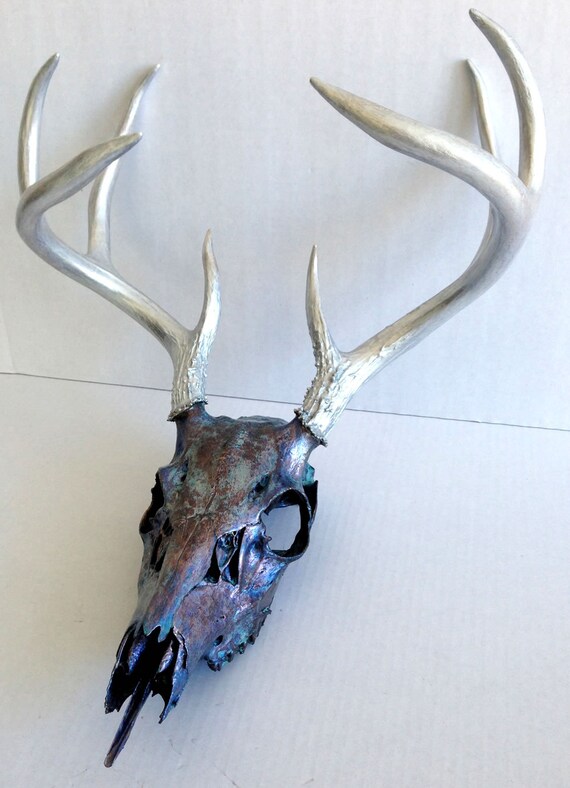 Deer Skull and Antlers Bronze and Aqua Patina with Sheer