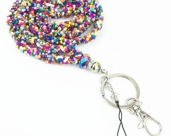 Rainbow Crystal Seed Beads Necklace LANYARD Keychain with Clasp for Key / ID / Cell Phone Holder