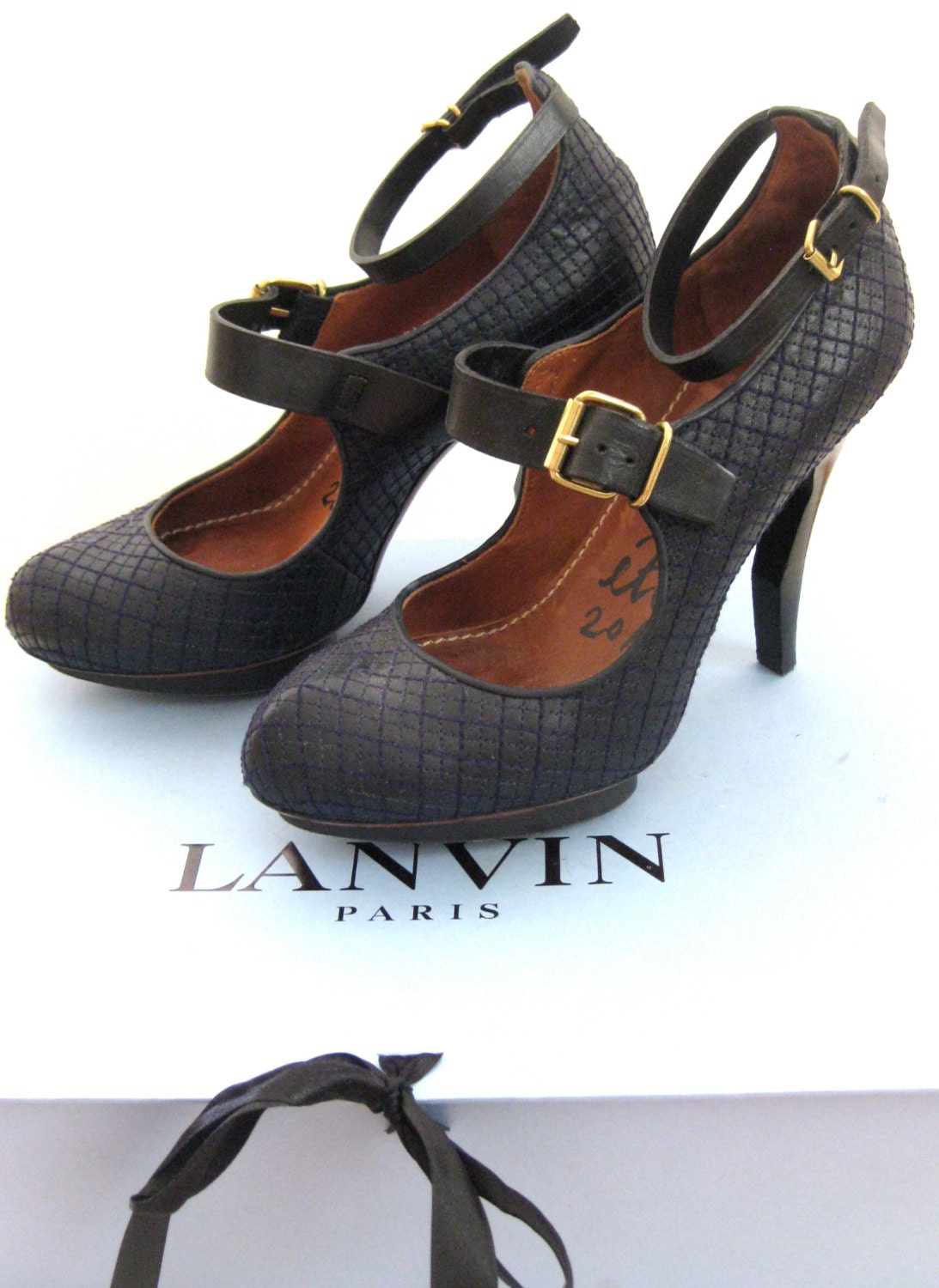 LANVIN PARIS Double Buckle Navy Leather Heels by FauciVintage