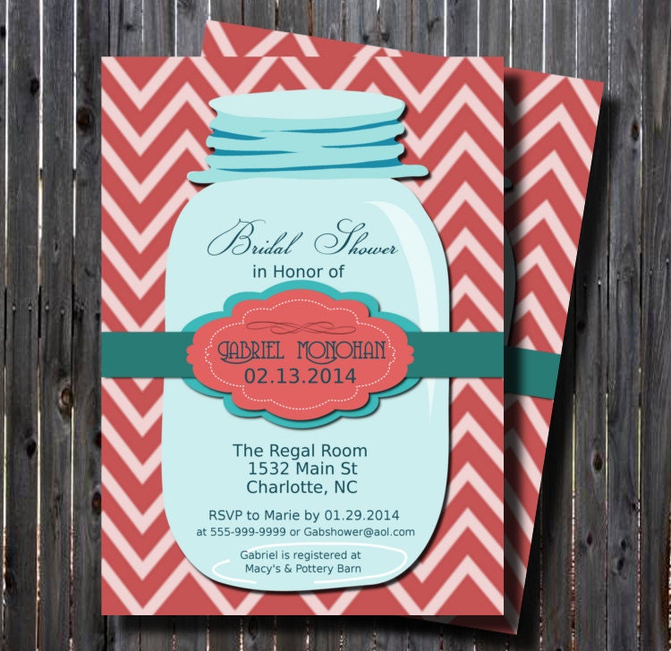 Printable Mason Jar Teal Bridal Shower InvitationChevron