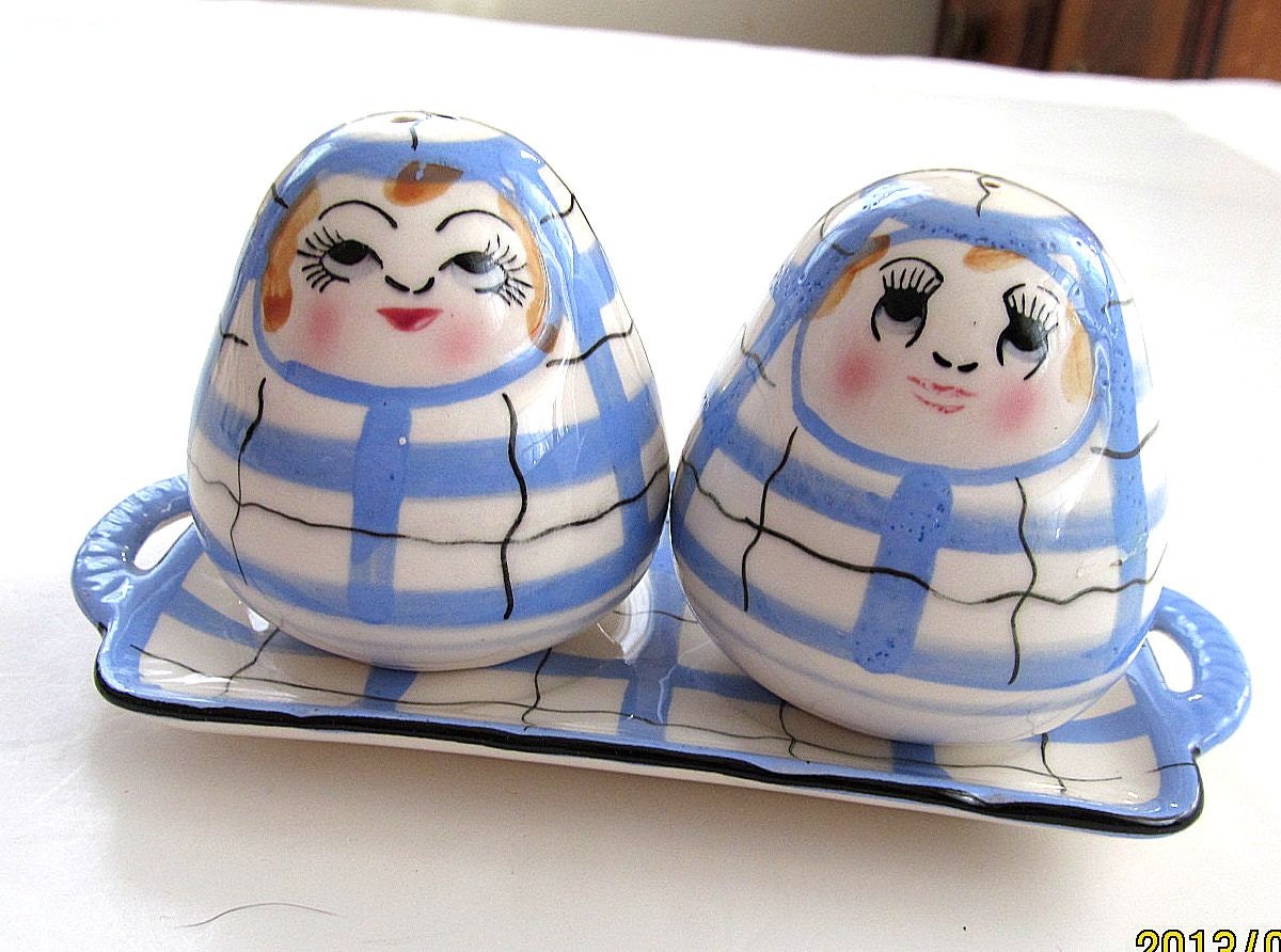 Vintage Japan 3Pc Salt & Pepper Shaker Set Blue Plaid
