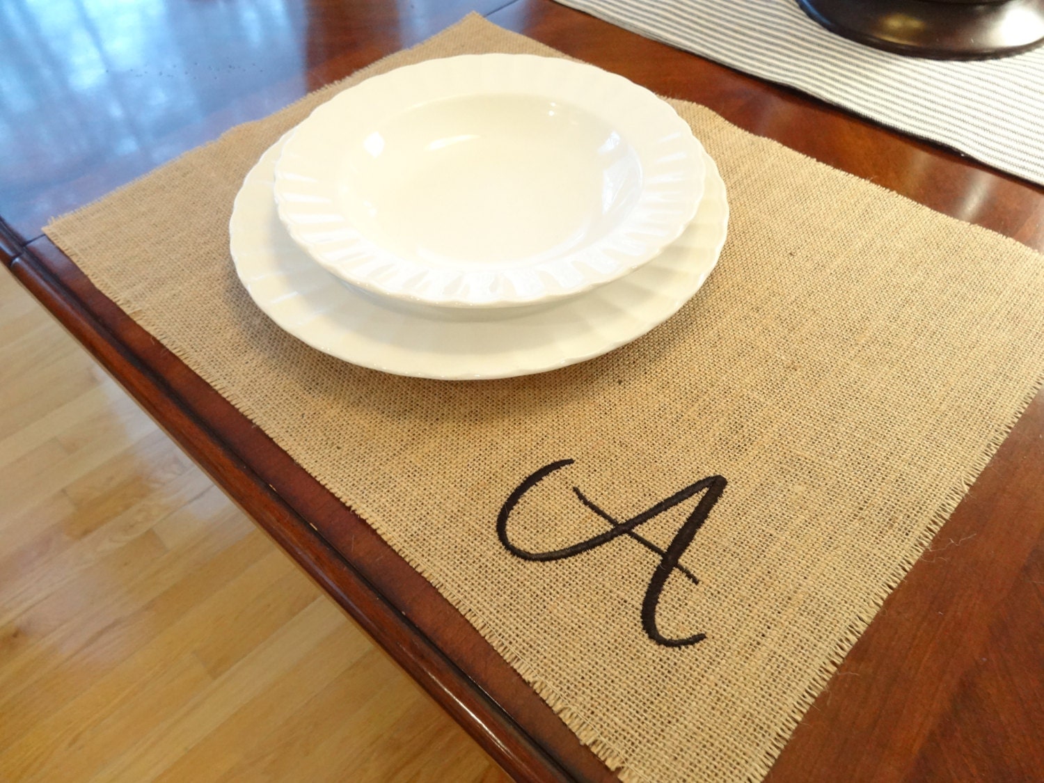 Initial EMBROIDERED monogrammed burlap placemats set of 4