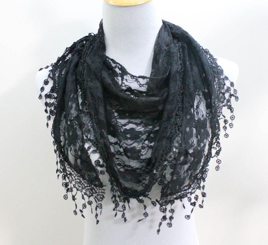 Soft Black Lace Scarf With Abundant Lace Edges