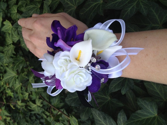 2 pc. Purple and White Real Touch Silk Wrist Corsage by mtfloral
