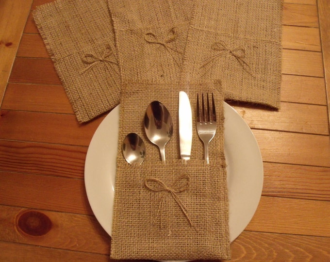 70 Burlap Silverware Holders with One Bows , Rustic Wedding