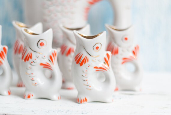 Vintage Porcelain Drinking Set Fishes Vintage Porcelain Drinking Set - Porcelain Figurine Fish - Decanter and 6 Cognac Glasses - Home Decor, vintage decor, soviet decor, white