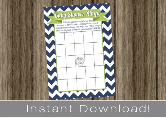Baby Shower Bingo Game Cards navy blue chevron and green INSTANT DOWNLOAD diy printable file print your own , babyshower activity idea Il_570xn