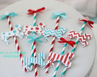 Bright and Cheery Merry-Go-Round/Carousel Horse Cupcake Topper/Pick- SET OF 6 or 12