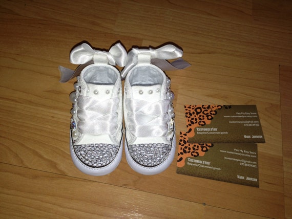 Items similar to Custom baby Converse Pink/white or Navy Encrusted Gems/Jewels Ribbon Converse 