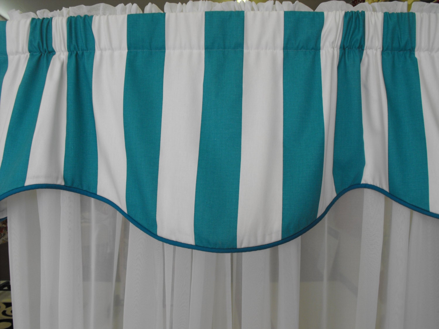 Sale Window treatment valance teal and white lined corded