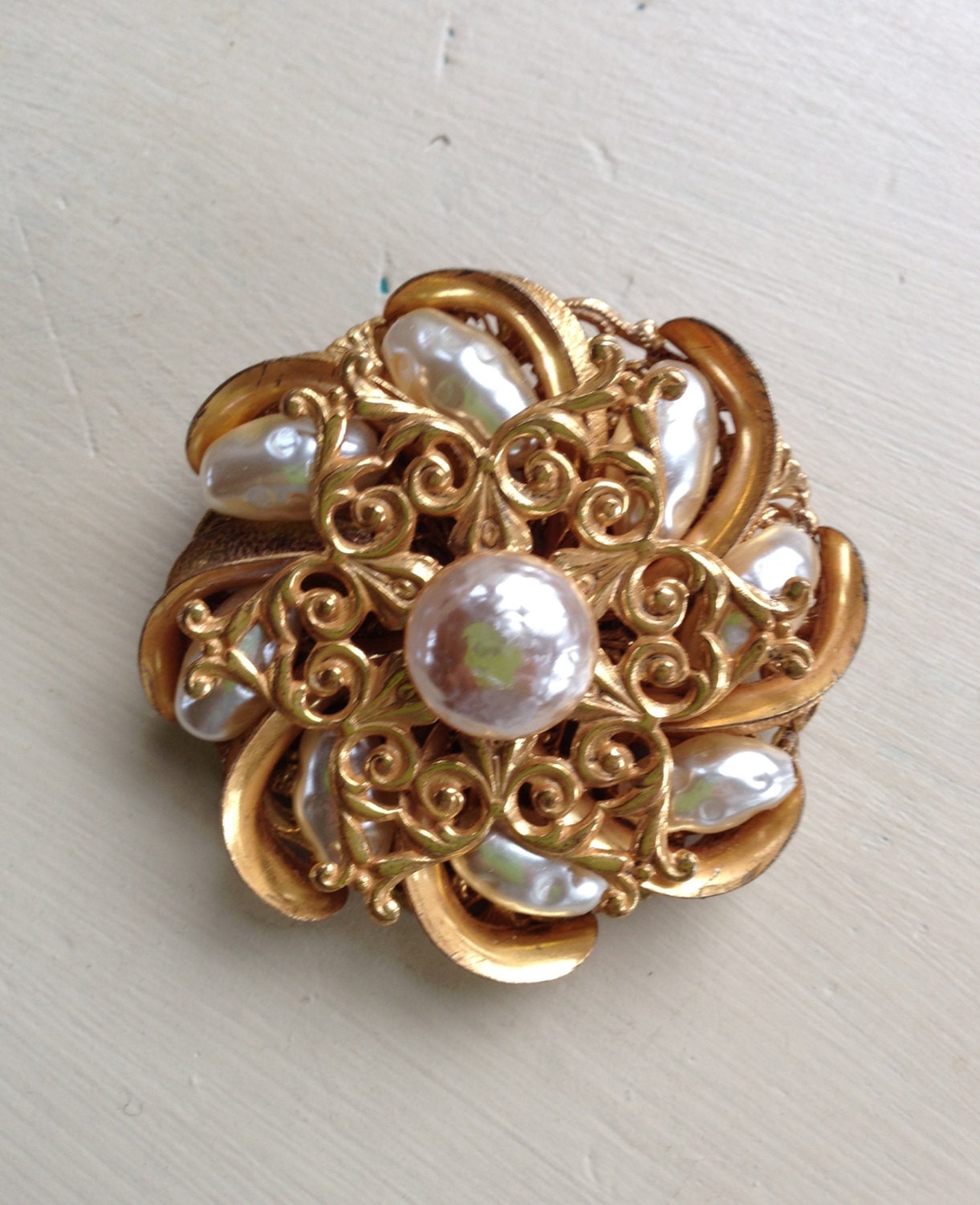 Miriam Haskell Vintage Pearl Gold Brooch