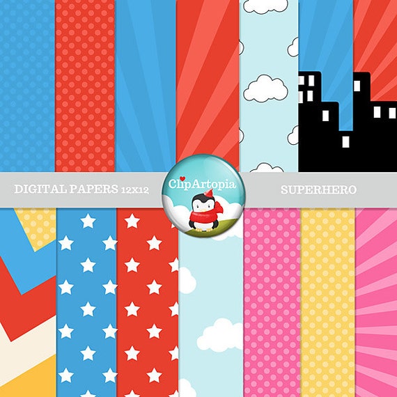 Superhero Digital Papers Pack Great for Scrapbooking, Making Cards, Tags and Invitations / INSTANT DOWNLOAD Il_570xn