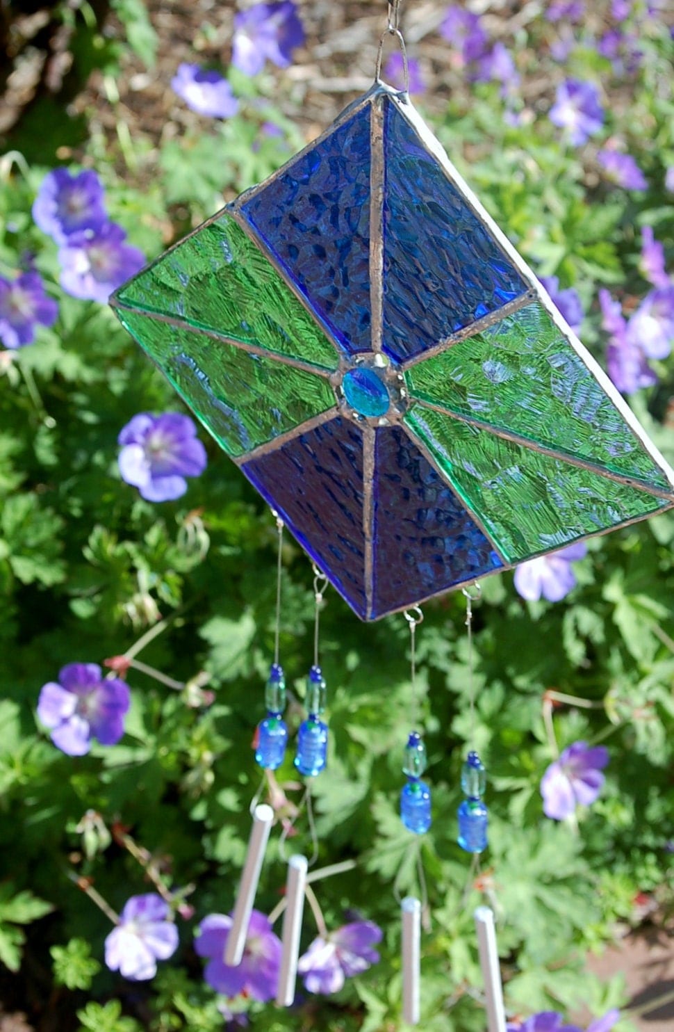 Stained Glass Wind Chimes Wind Spinner in Textured Glass Blue