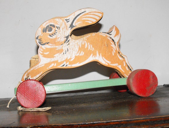 Antique Wooden Pull String Rabbit Toy