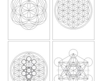 Set of 4 - 5x7 Sacred Geometry Crystal Grid Prints