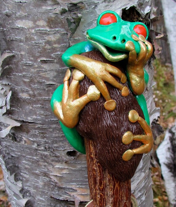 Walking Stick with Frog Topper. Frog is made of Polymer Clay.