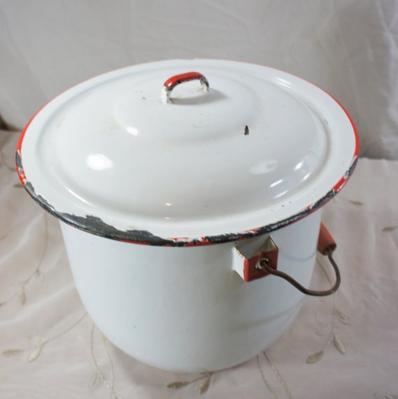 white enamel chamber pot with lid red trim wire and wooden