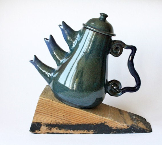 Three Spouts Magic Blue Teapot wheel thrown handmade