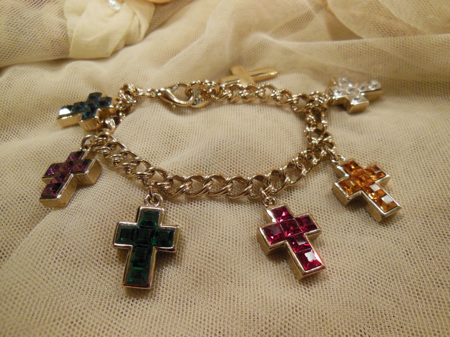 Vintage Wallis Simpson Inspired Cross Charm Bracelet by