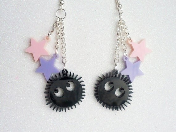 Soot Sprite Earrings: SOOT SPRITES Black Laser Cut Acrylic Studio Ghibli Earrings