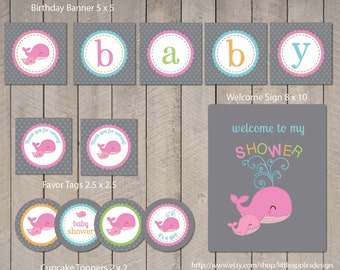 Whale Baby Shower Package / Pink Whale Baby Shower Pack / Whale Baby Shower Printable / Whale Baby Shower Decorations