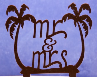 Beach Themed Wedding Cake Topper Mr and Mrs with Palm Trees - Palm Tree cake topper - Mr. and Mrs cake topper- palm trees topper
